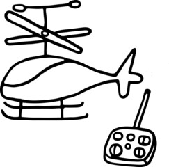 RC Helicopter with Remote Control. Cute vector hand drawn doodle. Black isolated on white background.