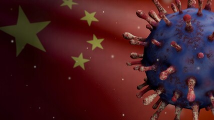 3D illustration coronavirus over Chinese flag. Pandemic Covid 19 virus China