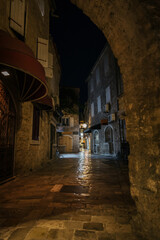 Empty street in an old town of Budva at night, Montenegro.