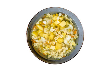 soup vegetable first course meal broth, potatoe, cauliflower, pasta no meat vegetarian or vegan portion on the table snack top view copy space food background