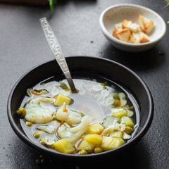 soup vegetable first course meal broth, potatoe, cauliflower, pasta no meat vegetarian or vegan portion on the table snack top view copy space food background