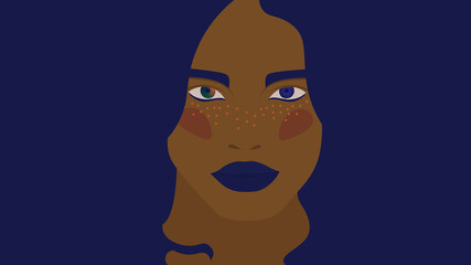 Heterochromia of the eyes. Eyes of different colors. Rainbow iris. Beautiful female face. Vector illustration 16x9