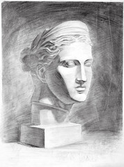 Drawing of the sculpture of the head of Diana of Versailles (Artemis, Goddess of the Hunt) . Isometric projection. Academic pencil drawing. Old drawing