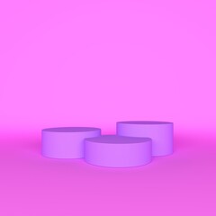 Purple pastel product stand or podium pedestal on empty display with pink backdrops. 3D rendering.