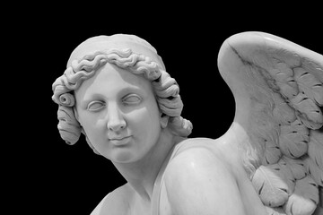 Angel wings isolated on black background with copyspace. Statue of cherub wing close-up