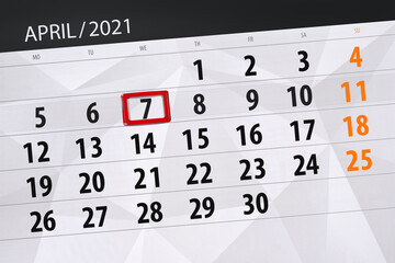 Obraz premium Calendar planner for the month April 2021, deadline day, 7, wednesday