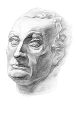 Drawing of the sculpture of the head of Gattamelata (Erasmo of Narni). Isometric projection. Academic pencil drawing. Old drawing