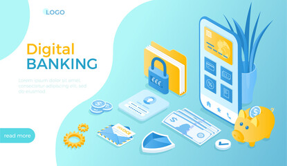 Digital mobile banking. Online financial service. Internet Bank. Online financial operations, payment, shopping. Isometric vector illustration for website.