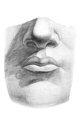 Drawing of the sculpture of David's lips. Front view. academic pencil drawing. An old drawing.