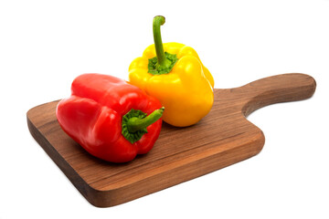 Wooden board of colorful bell peppers isolated on white background