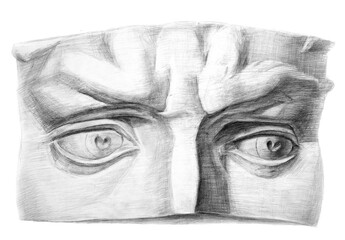 Drawing of the sculpture of the David's eyes. Front view. academic pencil drawing. An old drawing.