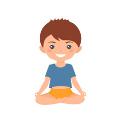 Cute chibi boy doing yoga, isolated on white background. Cartoon flat style