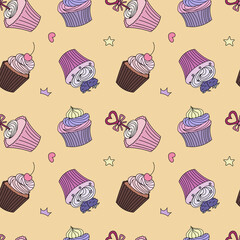 Vector seamless pattern with cartoon cupcakes and doodles.