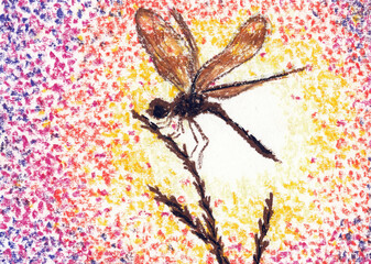 Fototapeta na wymiar Dragonfly on grass closeup artwork portrait. Oil pastel hand drawn on watercolour paper texture
