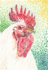 Rooster closeup artwork portrait. Oil pastel hand drawn on watercolour paper texture