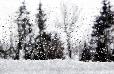 Background: on the window glass of rain drops and below the snow strip. Outside the window blurred landscape - forest.