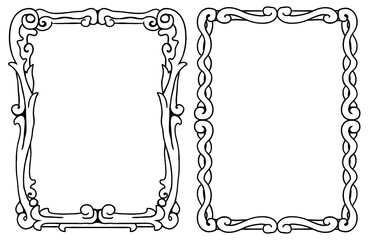 Ornate two picture frames decorative black ink design element, vector illustration, vertical, isolated
