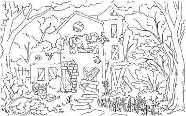 Fototapeta premium Old dilapidated house scene line drawing background, vector, horizontal, black and white