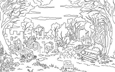 Park old ruins scene line drawing background, vector, horizontal, black and white