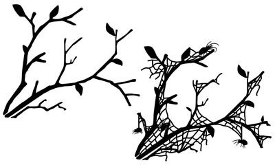 Spider web tree branch silhouette corner decoration black, vector illustration, horizontal, isolated