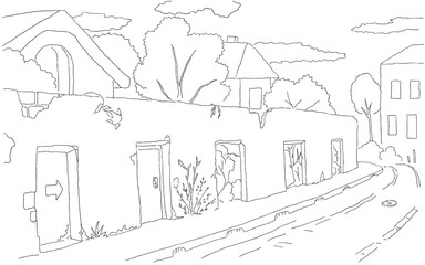 Street empty long wall scene line drawing background, vector, horizontal, black and white
