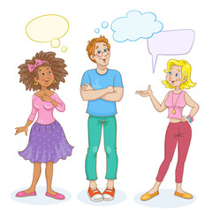 Two beautiful women and a young man are standing and talking. Picture with speech bubbles. Place for text. In cartoon style. Isolated on white background. Vector illustration.
