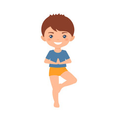 Cute boy chibi practices yoga. Isolated on white background. Cartoon flat style