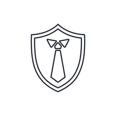 Business attribute a tie of a businessman on a shield. Compliance with the principles. Business ethics as protection of the client and the entrepreneur. Vector linear icon illustration isolated on whi