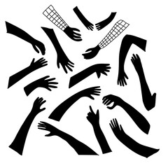 Set of black silhouettes of hands in different gestures drawn in freehand doodle style isolated on white background. Perfect for design of childrens playroom, textiles, packaging. 