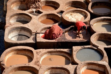 Morocco Fes. Neighborhood of dyers and tanners,tub of water, caustic soda, dyes, pigeon droppings...