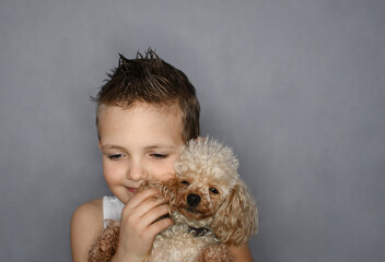 The boy holds a small dog in his hands on a gray background. 