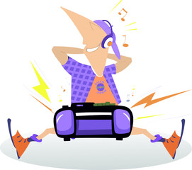 Teenager, boom box and loud music illustration. 
Cartoon funny teenager with headphones on the head sits and listens music on boom box isolated on white
