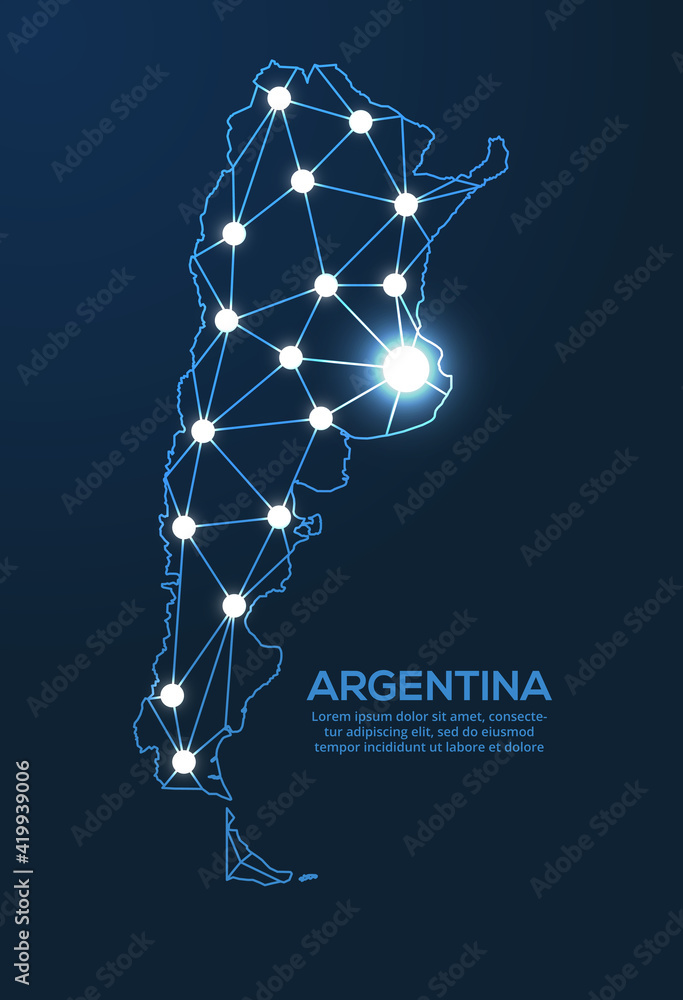 Poster argentina communication network map. vector low poly image of a global map with lights in the form o