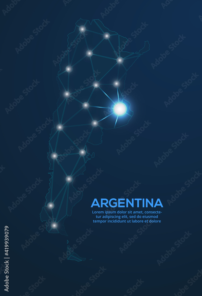Poster Argentina communication network map. Vector low poly image of a global map with lights in the form of cities. Map in the form of a constellation, mute and stars