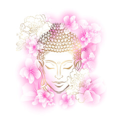 Head of the Lord Buddha under a cherry blossom. Pink sakura petals and flying flowers. Horizontal banner in gentle delicate pink colors