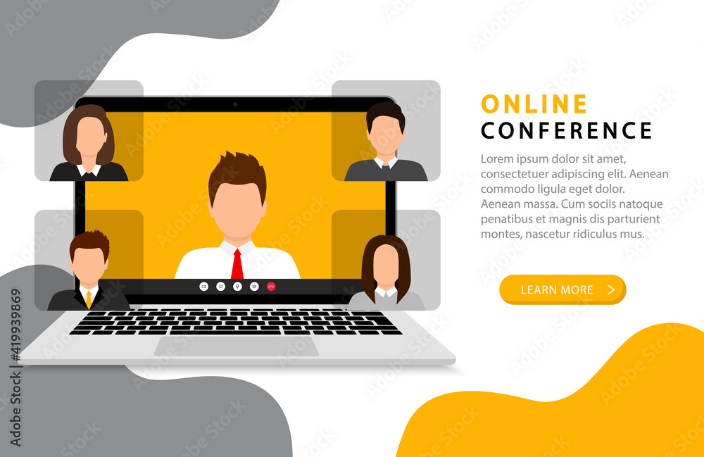 Poster video conference landing page. online meeting. video call with people on the computer screen. videoc