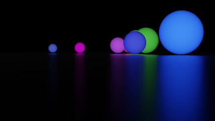 Mixed size of colorful LED ball and its reflection on black floor (3D Rendering)