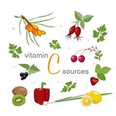 A set of different vegetables, fruits and plants-sources of vitamin C.