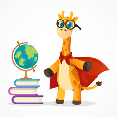 Cartoon Spotted Student Giraffe Mascot in red cloak and glasses with books and globe
