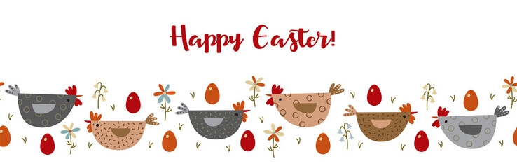 Hand-drawn Easter horizontal seamless pattern, hens, eggs and flowers, great for banners, wallpapers, packaging, textiles.