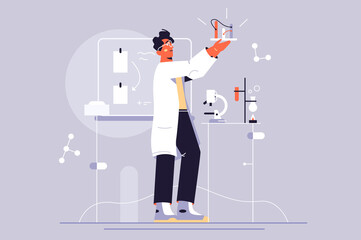 Scientist guy makes discovery vector illustration. Professional scientist chemical researchers work with lab tools flat style. Scientific research and technology concept. Isolated on grey background