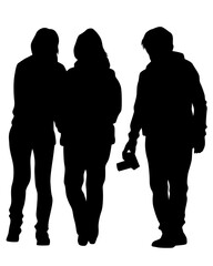 Group of tourists with photo camera. Isolated silhouettes of people on a white background