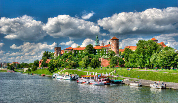 Krakow, Poland. Wawel castle famous landmark in Krakow Poland. Picturesque landscape on coast river Wisla. High dynamic image. HDR
