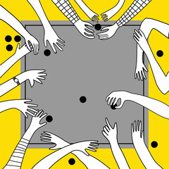 Funny doodle hand drawn hands in different gestures playing in table game in freehand doodle styl isolated on trendy color background. For kids playroom, textiles, packaging. Stay home hobby time.