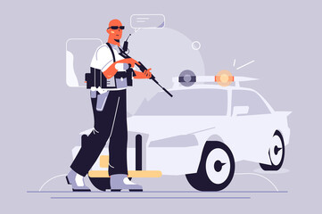 Police guy and car vector illustration. Police officer in uniform standing with weapon flat style. Criminal on city street. Security and policeman job concept. Isolated on grey background