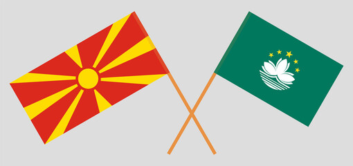 Crossed flags of North Macedonia and Macau. Official colors. Correct proportion