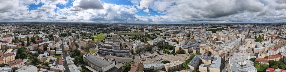 Fototapeta premium Aerial Panorama of the center of Riga, Latvia. In the background Zakusala TV tower