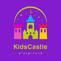 Abstract kids city logo playground, kids zone icon, king castle sign, bastion symbol with rainbow.Template bright logotype kids club, shop, wooden toys store, children play, baby center or park.Vector