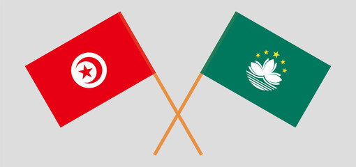 Crossed flags of Tunisia and Macau. Official colors. Correct proportion