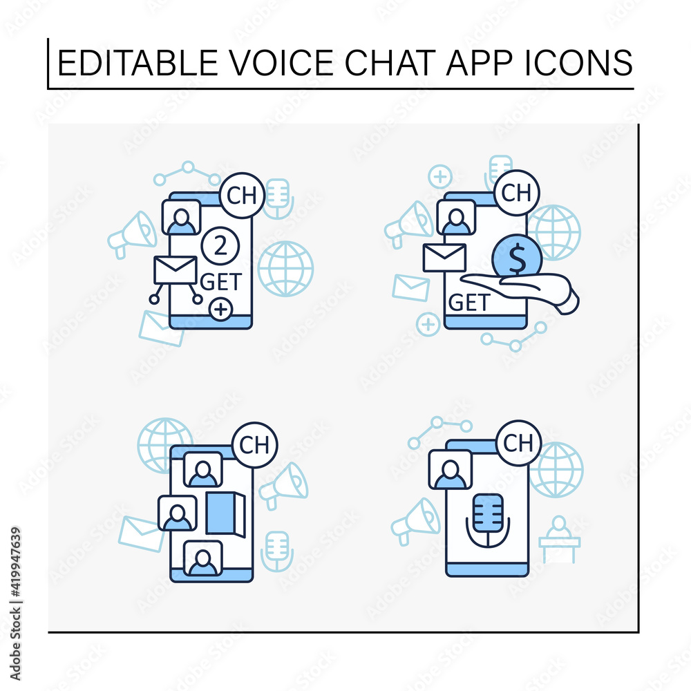Poster drop in audio app line icons set. communication application with friends.application invite buy, sha